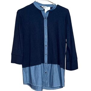 •GAP•NWT NAVY & CHAMBRAY COLORBLOCK BUTTON DOWN 3/4 SLEEVE BLOUSE SIZE SMALL